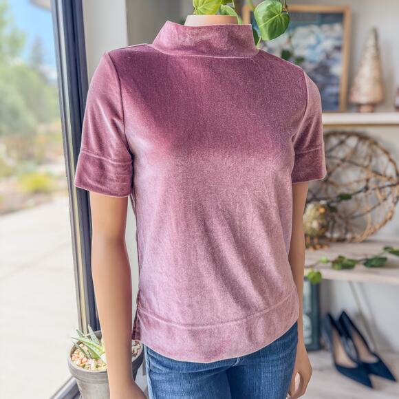 Anthropologie Dusty Rose Blush Krisha Velvet Mock Neck Short Sleeve Top, X-Small - Picture 2 of 10